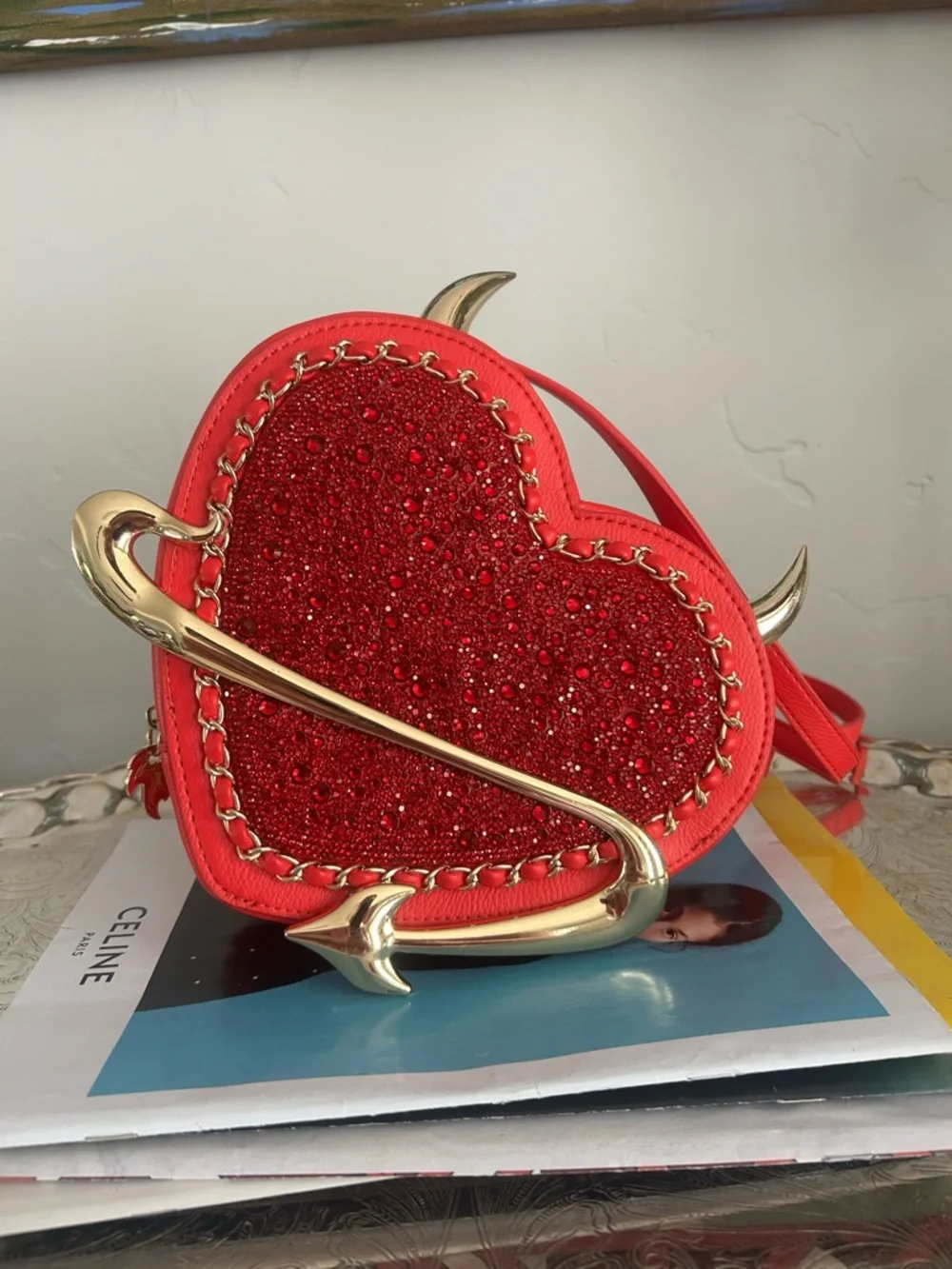 Betsey Johnson Red Glitter Heart Crossbody with Gold Devil Horn Detail - Picture 2 of 5